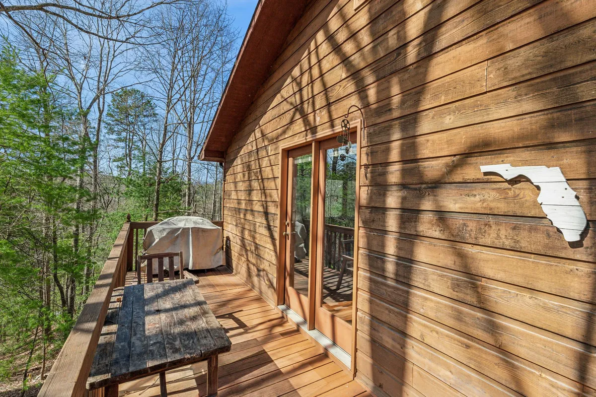 Showing the exterior wooden deck just outside the French doors, this image includes the doors themselves, a wooden table, and the tranquil surrounding trees. It visually connects the inside fun zone with the outdoor deck.